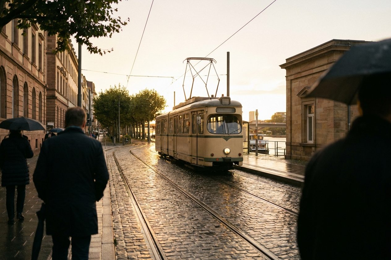 Eine Straßenbahn wartet an einer Endhaltestelle im Abendlicht, die Gleise im Kopfsteinpflaster glänzen.