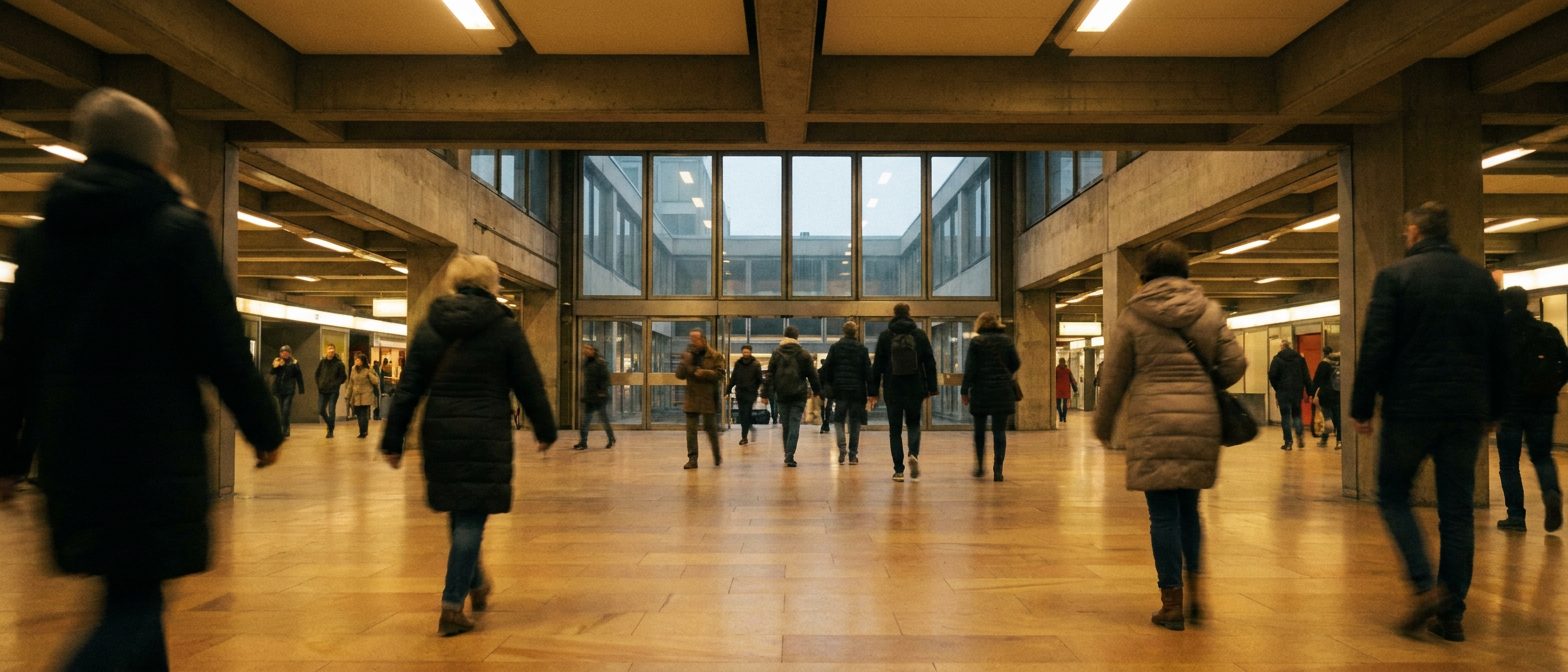 Panorama der belebten B-Ebene an der Hauptwache, Passantenströme in Bewegungsunschärfe unter warmem Kunstlicht.