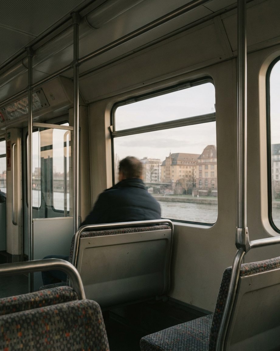 Haltestangen und gemusterte Sitze in einer Frankfurter U-Bahn, ein Fahrgast von hinten, Hochformat.