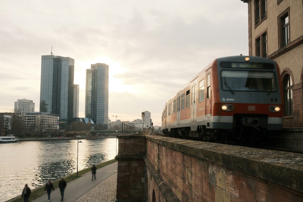 Eine S-Bahn verlässt eine oberirdische Station stadtauswärts, im Hintergrund stehen die Bankentürme im Gegenlicht.