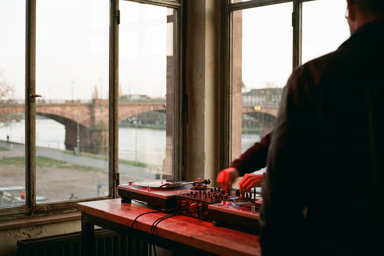 DJ-Pult mit zwei Plattenspielern im tiefroten Licht, Hände in Bewegungsunschärfe.