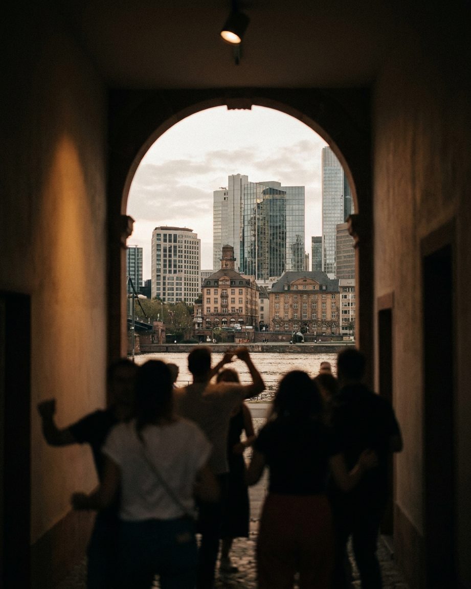 Silhouetten tanzender Menschen im Gegenlicht eines einzelnen Scheinwerfers, keine Gesichter erkennbar.