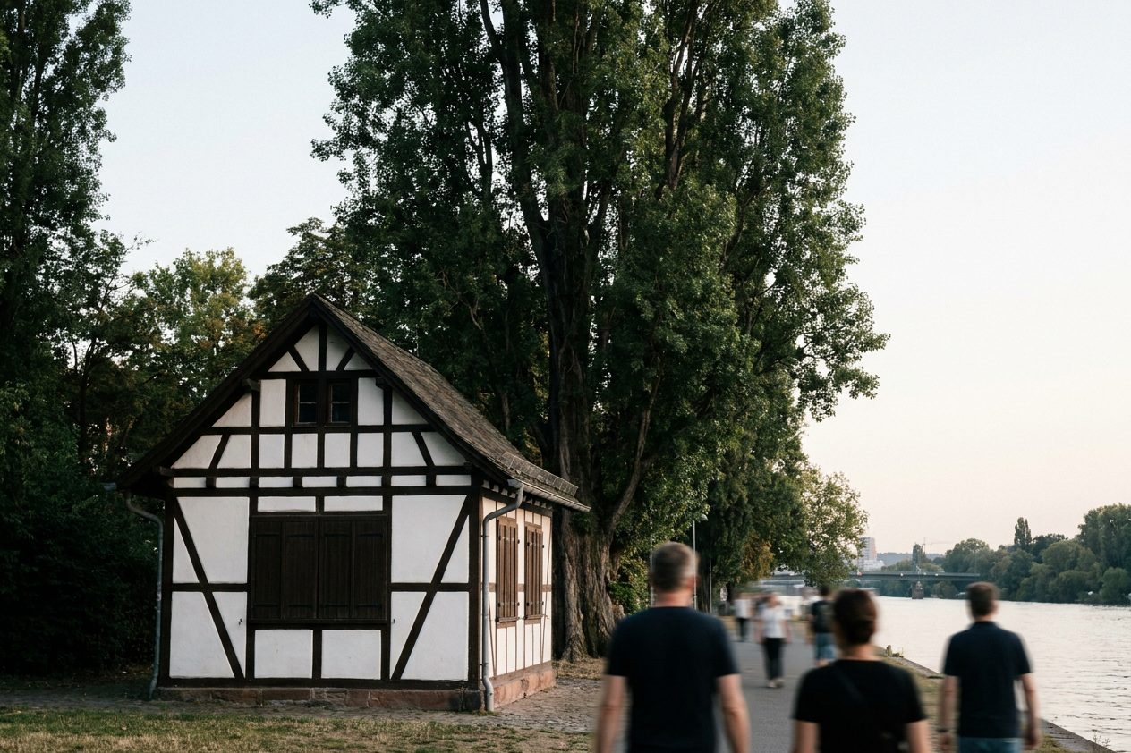 Kleines weiß-braunes Fachwerkhaus mit weit vorstehendem Dach und geschnitzter Veranda unter hohen Bäumen am Flussufer.