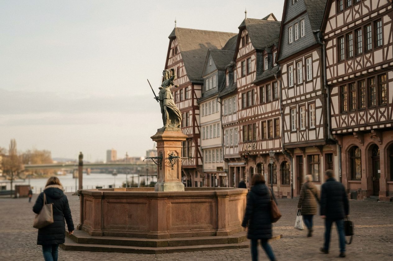 Der Gerechtigkeitsbrunnen mit der Justitia vor den Fachwerkhäusern der Ostzeile im weichen Nachmittagslicht.