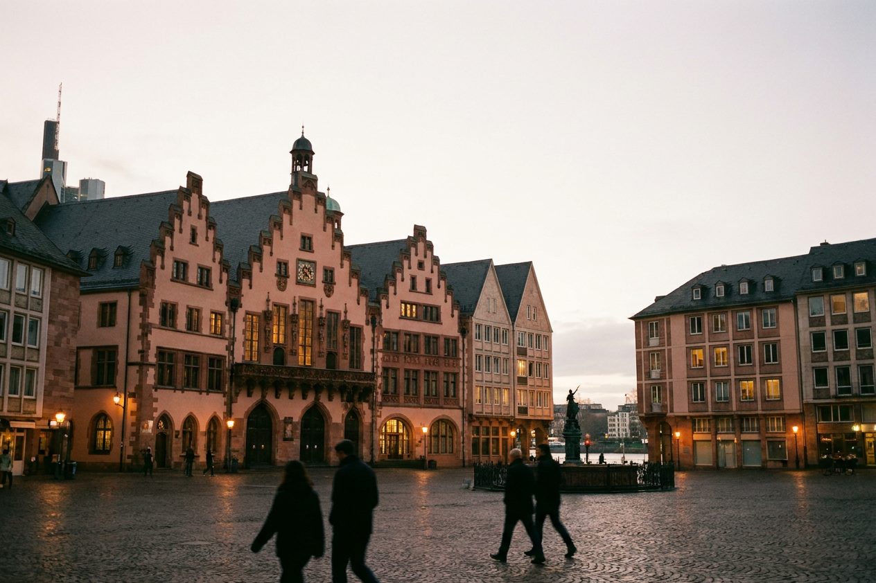 Der abendliche Römerberg mit warm erleuchteten Rathausfenstern und wenigen Passanten als Silhouetten.