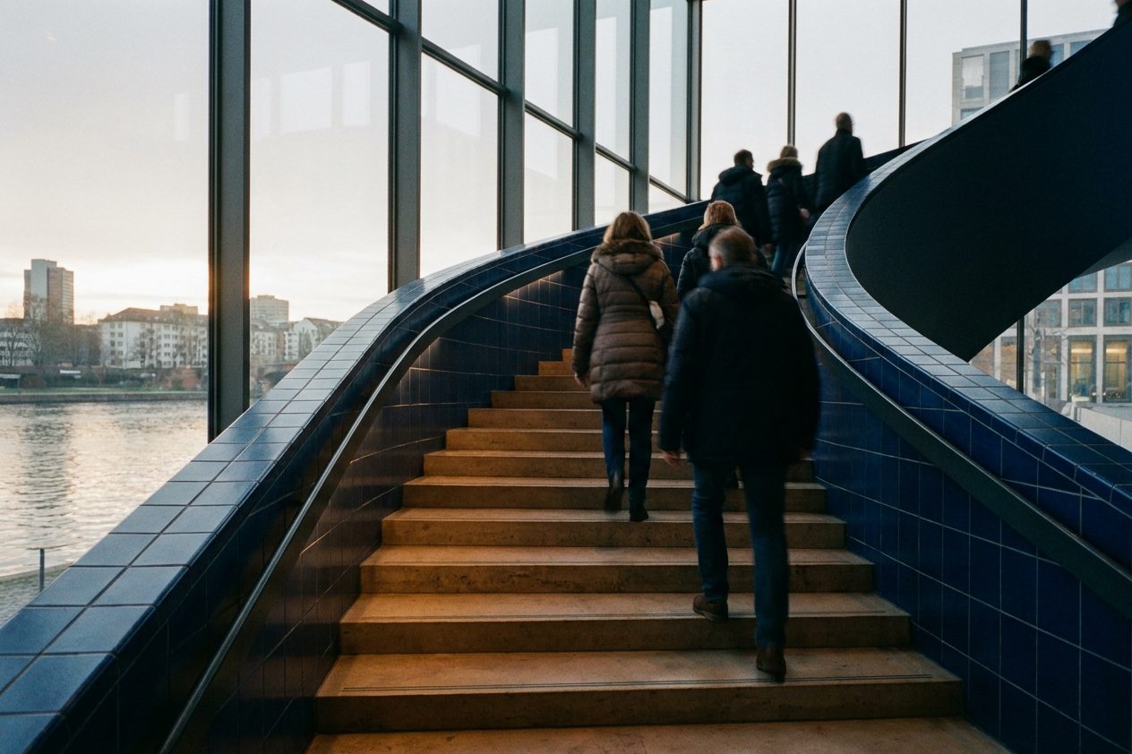 Die tiefblaue Himmelstreppe des Romantik-Museums, von unten fotografiert, mit fluchtenden Stufen und punktuellen Lichtakzenten.