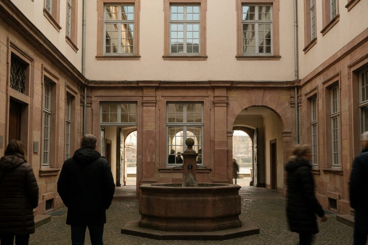 Der stille Innenhof des Goethe-Hauses mit Brunnen und Sprossenfenstern in der Nachmittagssonne.