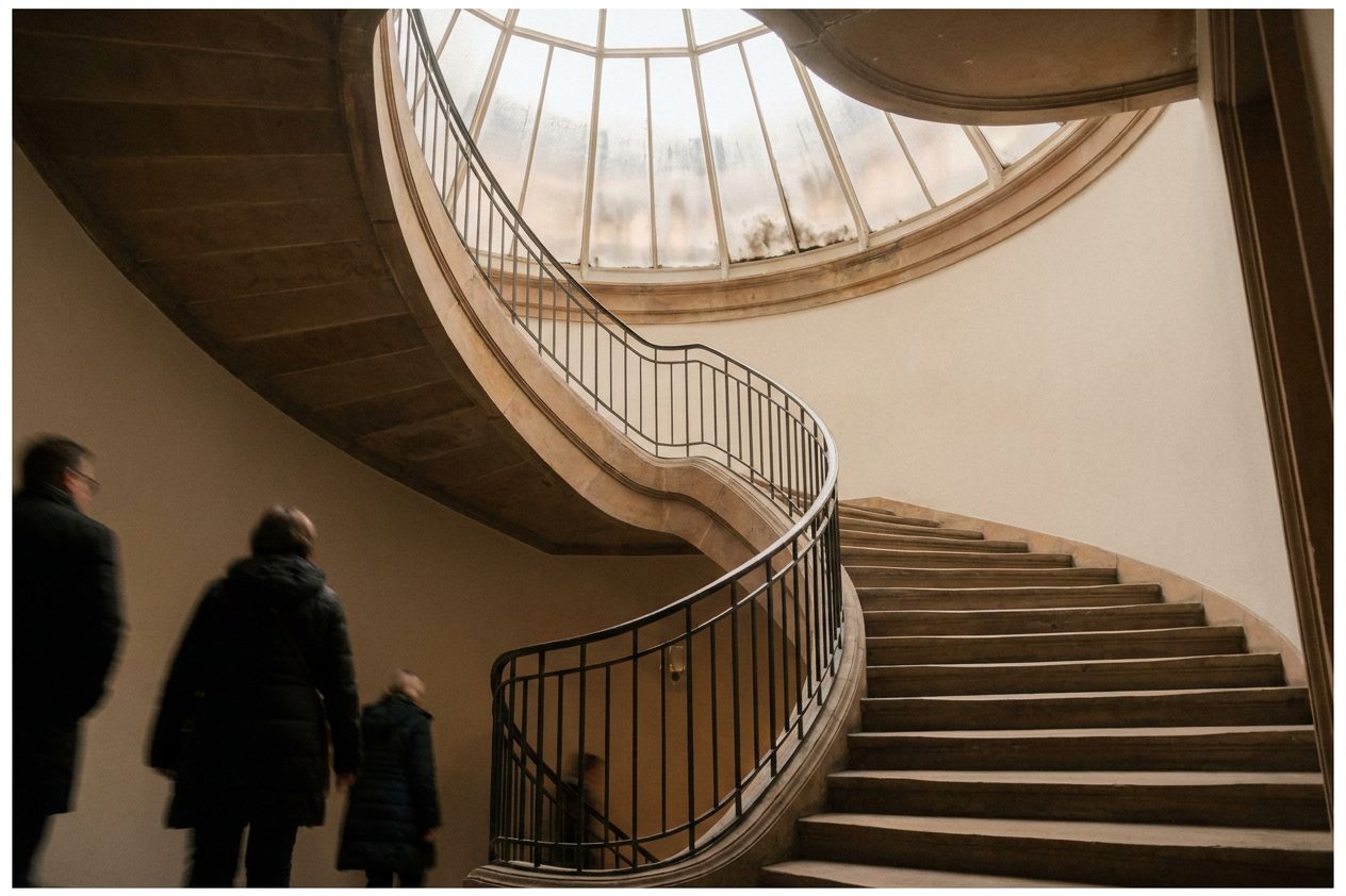 Geschwungenes historisches Treppenhaus im Inneren des Rothschild-Palais, weiches Licht fällt durch ein Oberlicht.