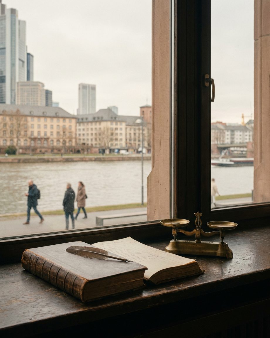Stillleben aus historischem Kontobuch, Schreibfeder und Münzwaage auf dunklem Holz im Fensterlicht, die Schrift unscharf.