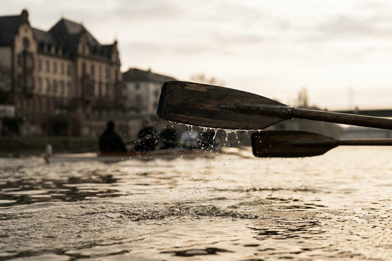 Nahaufnahme von Ruderblättern, die Wassertropfen von der Oberfläche eines Flusses heben.