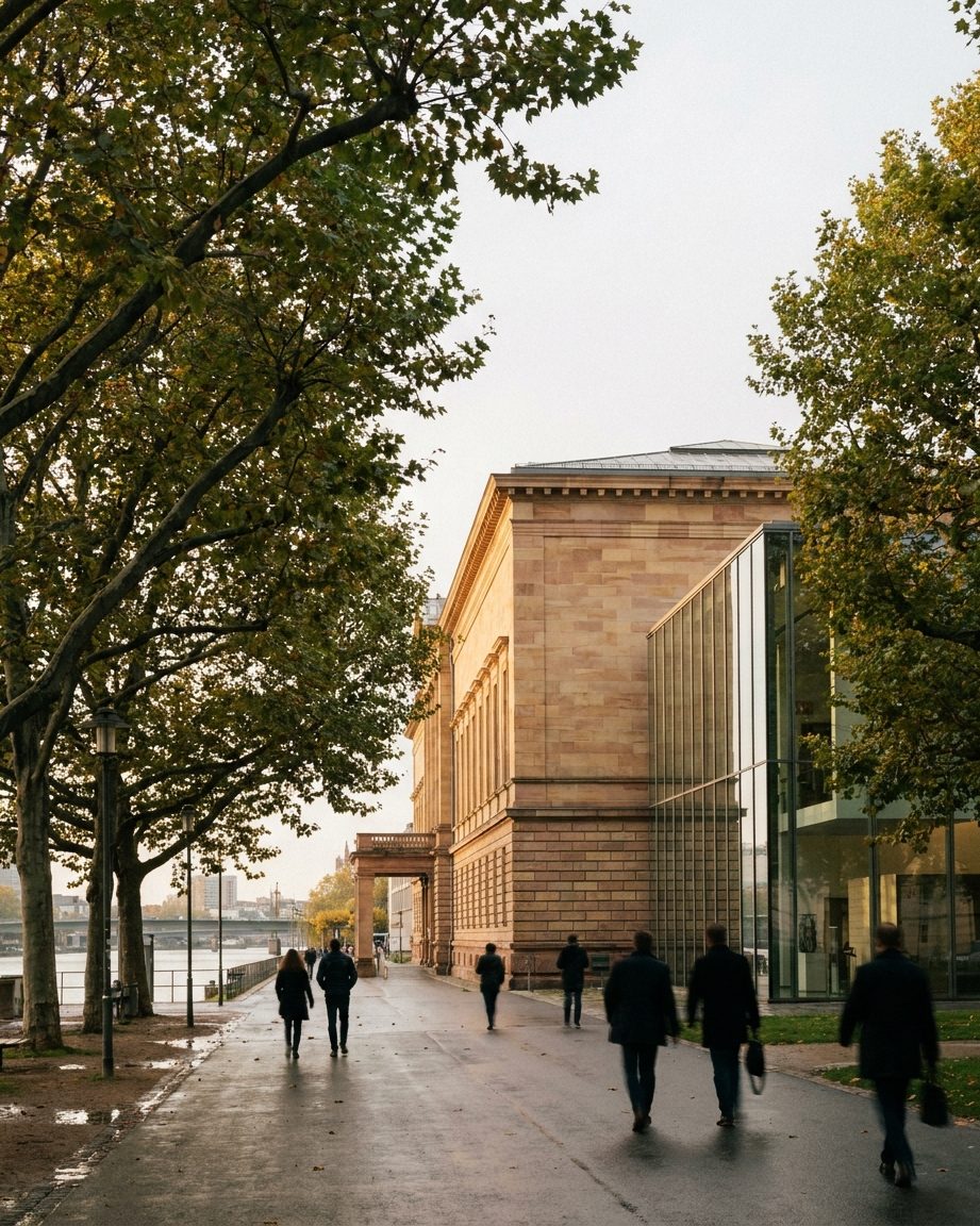 Platanenallee am Schaumainkai in der Vertikalen, dahinter eine klassizistische Museumsfassade im warmen Nachmittagslicht.