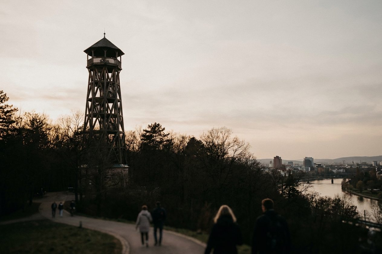 Der hölzerne Goetheturm ragt in der Dämmerung über die dunklen Baumwipfel des Frankfurter Stadtwalds.