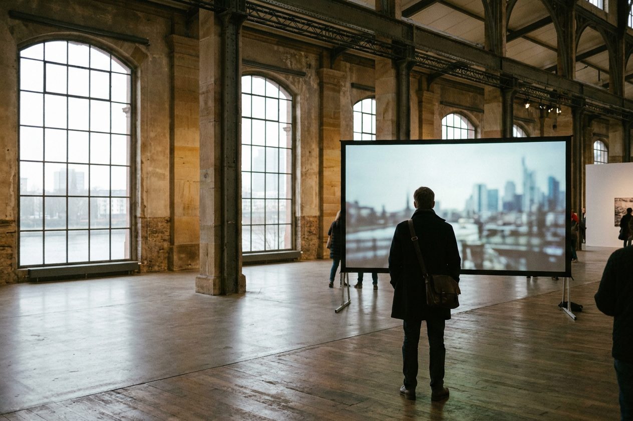 Hohe Ausstellungshalle mit gusseisernen Stützen und Industriefenstern, eine einzelne Besucherin von hinten vor einer großformatigen Videoprojektion.