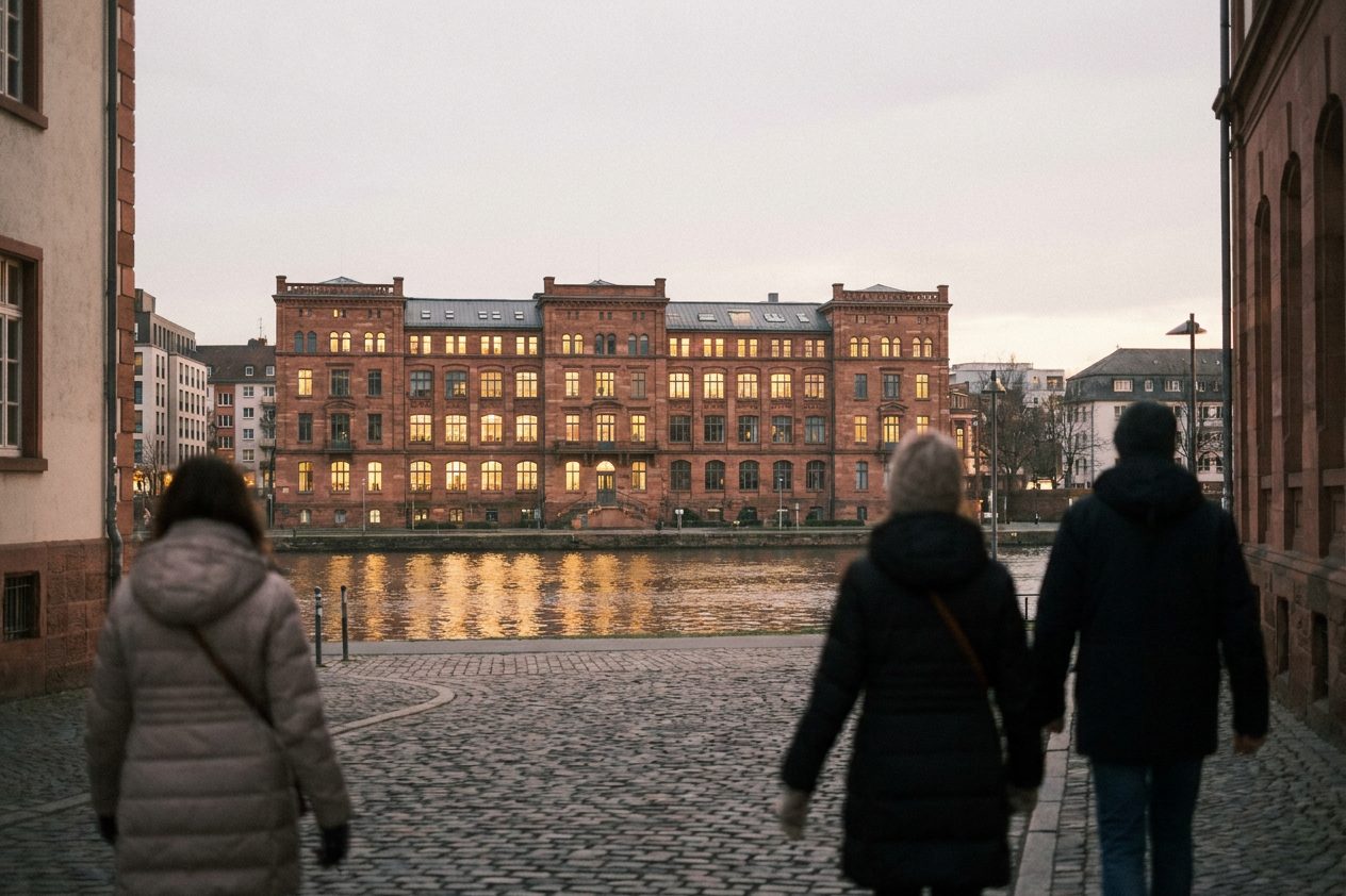 Blick von der abendlichen Straße auf die warm erleuchteten Fensterreihen des alten Fabrikbaus in der Dämmerung.