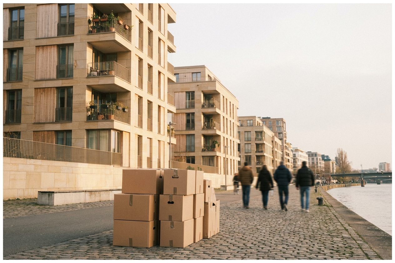 Neue Fassaden mit hellen Holzelementen und ersten bewohnten Balkonen, davor stehen gestapelte Umzugskartons auf dem Gehweg.