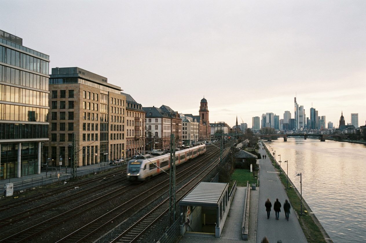 Abendlicht über den Dächern des neuen Quartiers, dahinter Bahngleise und die Frankfurter Skyline klein am Horizont.