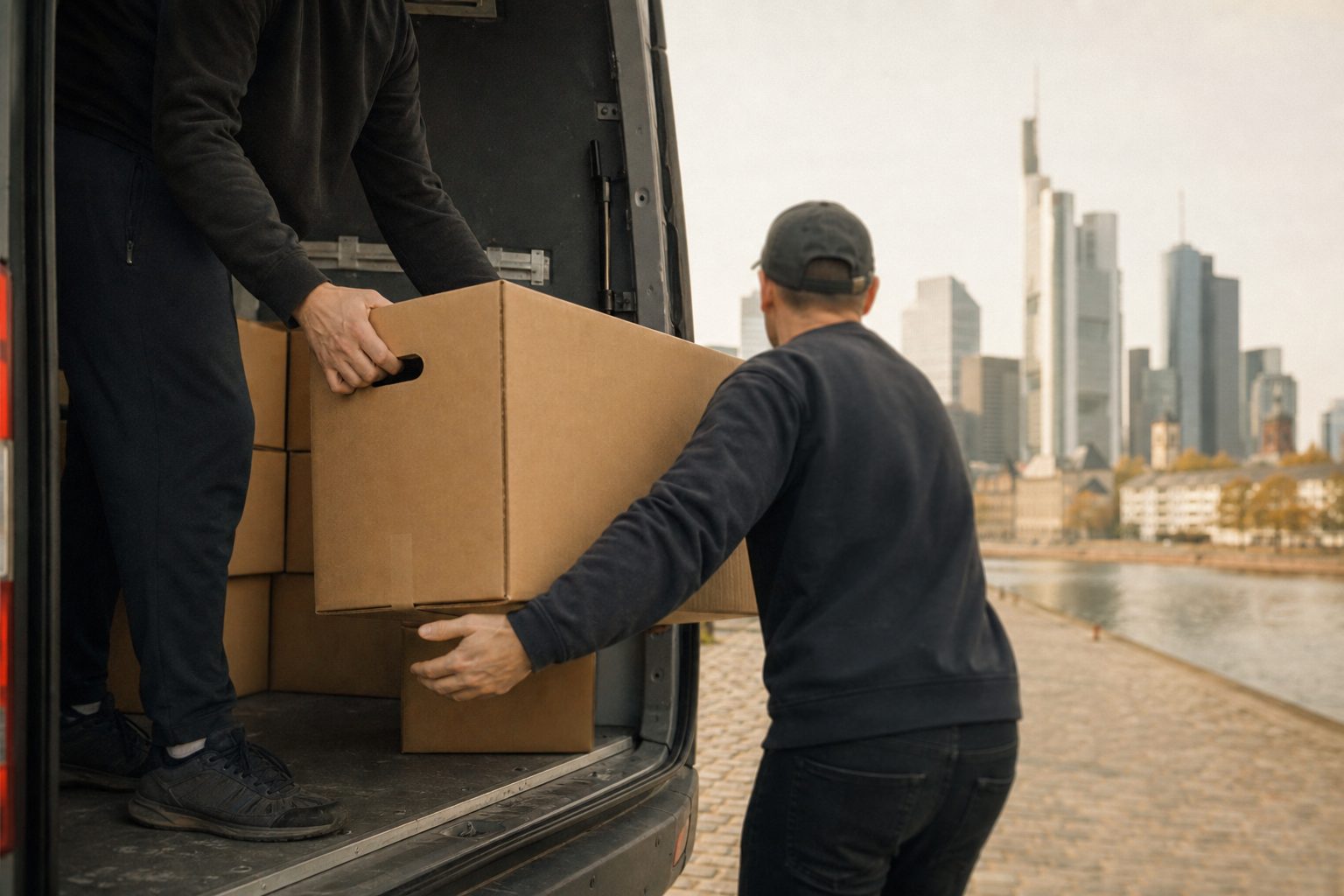 Umzugskartons werden aus einem Transporter gereicht, Hände und Kartons im Fokus, die Gesichter abgewandt.
