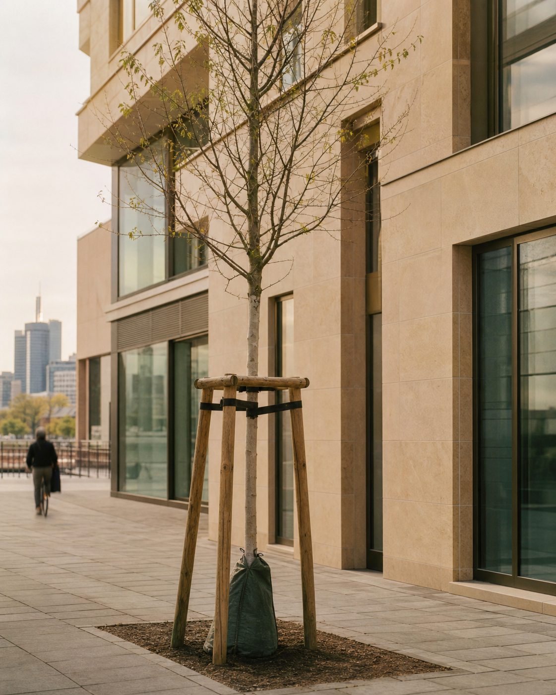 Ein frisch gepflanzter junger Baum mit Stützpfählen vor einer hellen Neubaufassade.