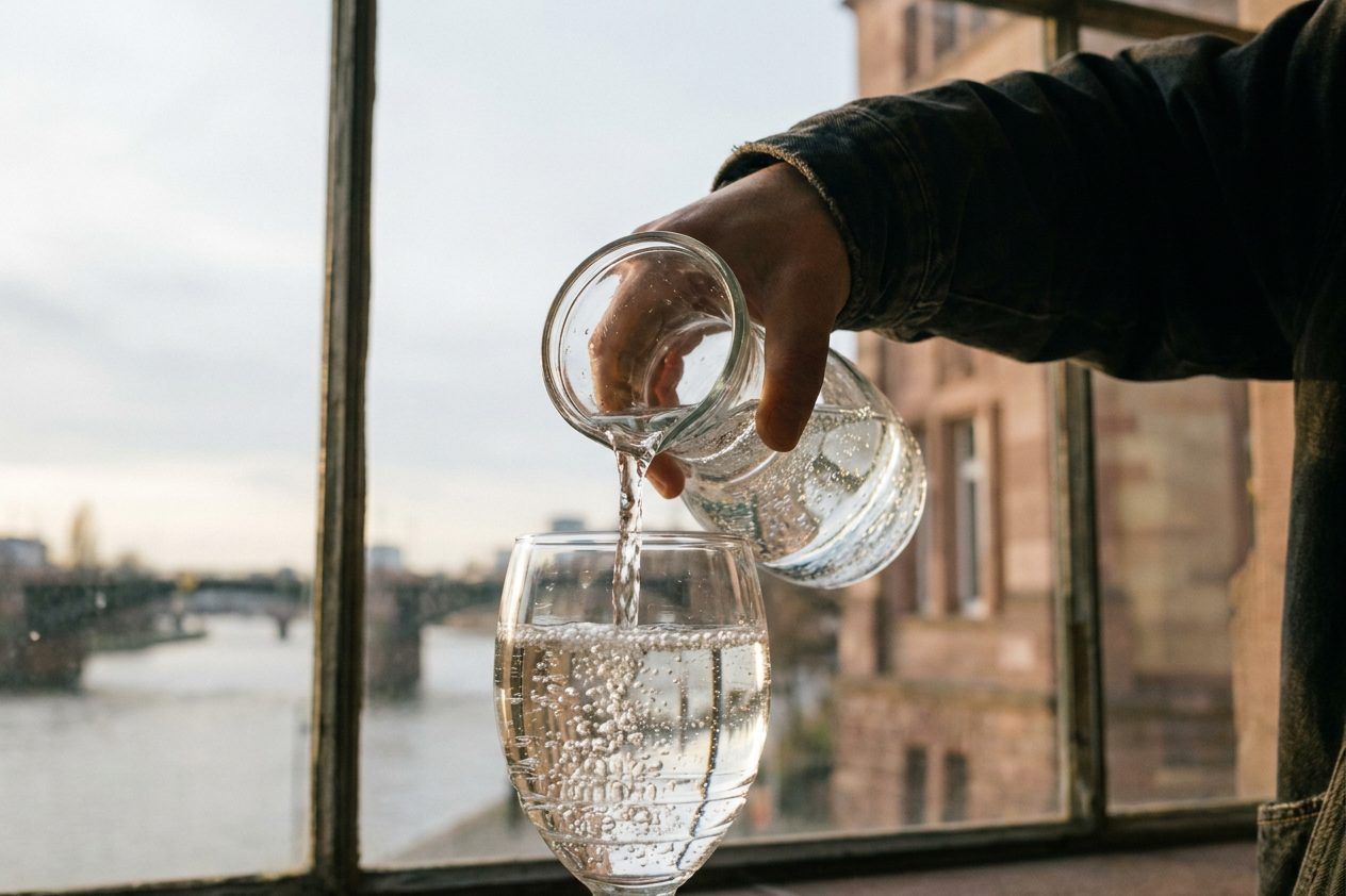 Sprudelndes Mineralwasser wird aus einer Karaffe in ein halbvolles Geripptes gegossen, die Perlen steigen im Gegenlicht auf.