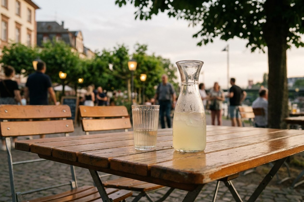 Gartentisch im Abendlicht mit einem Gerippten und einer beschlagenen Limonadenkaraffe, dahinter unscharf ein Wirtshausgarten unter Bäumen.