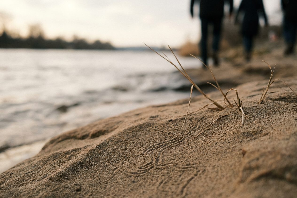 Nahaufnahme von Flugsand mit den feinen Spuren eines Insekts und trockenen Grashalmen