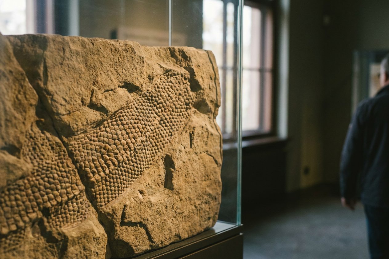 Nahaufnahme eines versteinerten Dinosaurier-Hautabdrucks mit feiner Schuppenstruktur in einer Vitrine