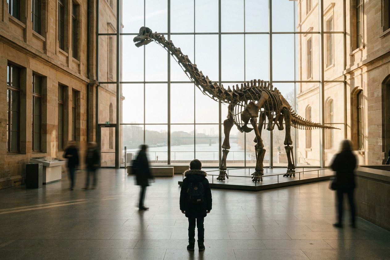 Ein mächtiges Sauropodenskelett in der lichtdurchfluteten Museumshalle, davor die kleine Silhouette eines Kindes von hinten.