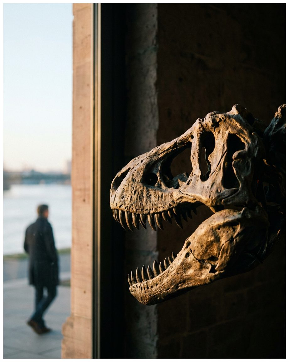 Detailaufnahme eines Dinosaurierschädels mit dramatischem Streiflicht vor dunkler Wand, hochformatig.