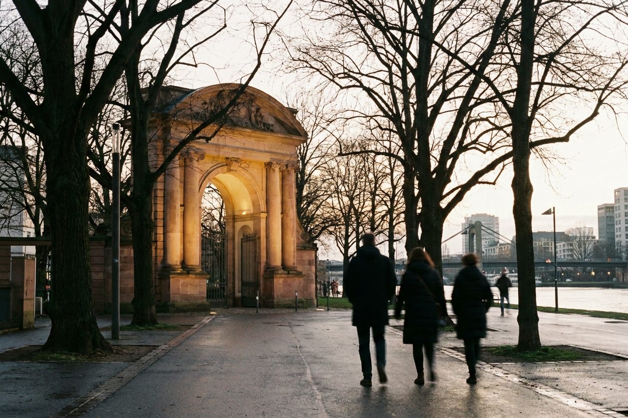 Die Senckenberganlage im warmen Abendlicht, das beleuchtete Museumsportal hinter alten Bäumen.