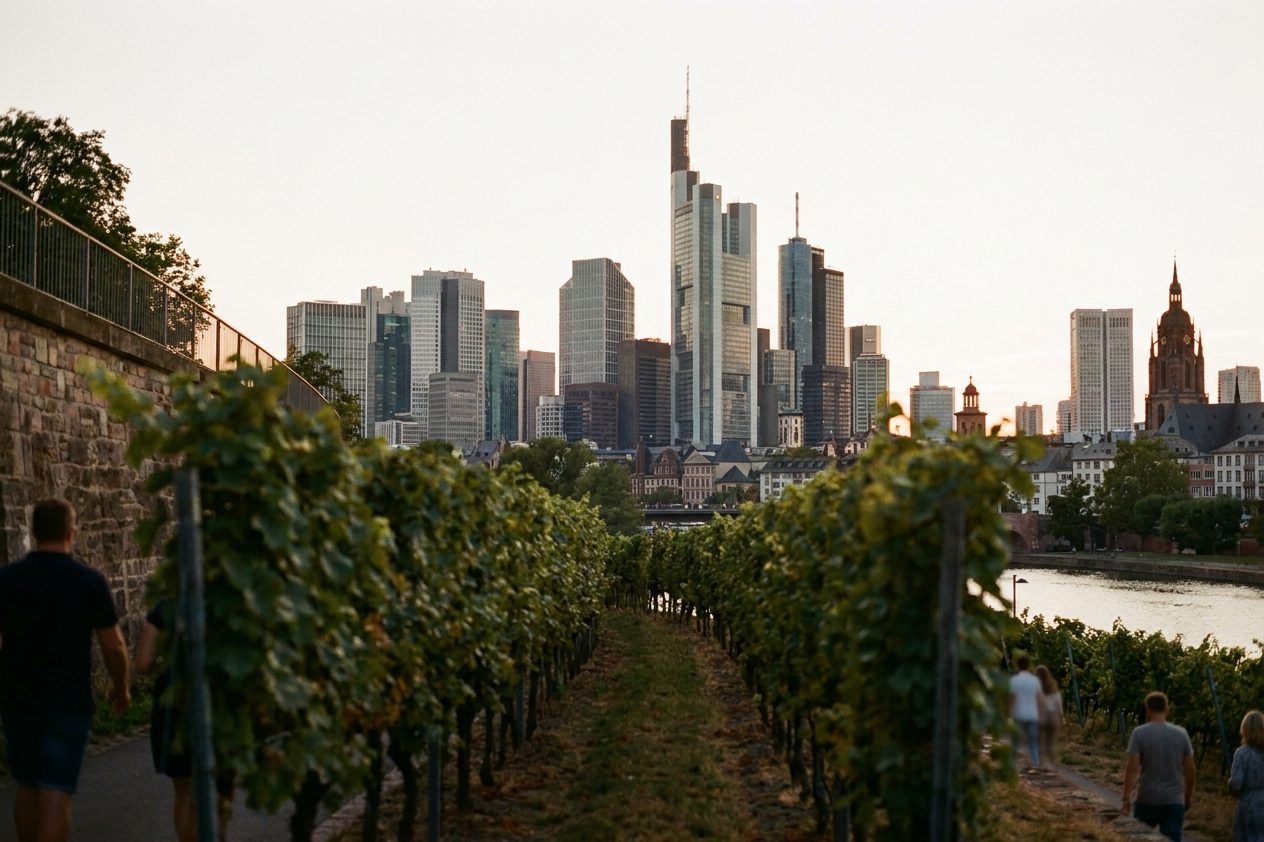 Skyline aus mehreren Hochhäusern hinter einem Weinberg mit Rebzeilen im Vordergrund