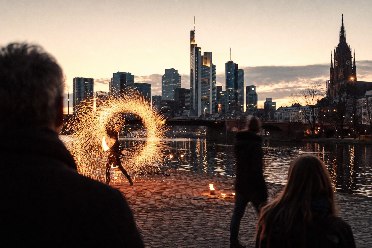 Feuerperformance in der Dämmerung: Funkenflug über den Köpfen von Zuschauersilhouetten am Flussufer.