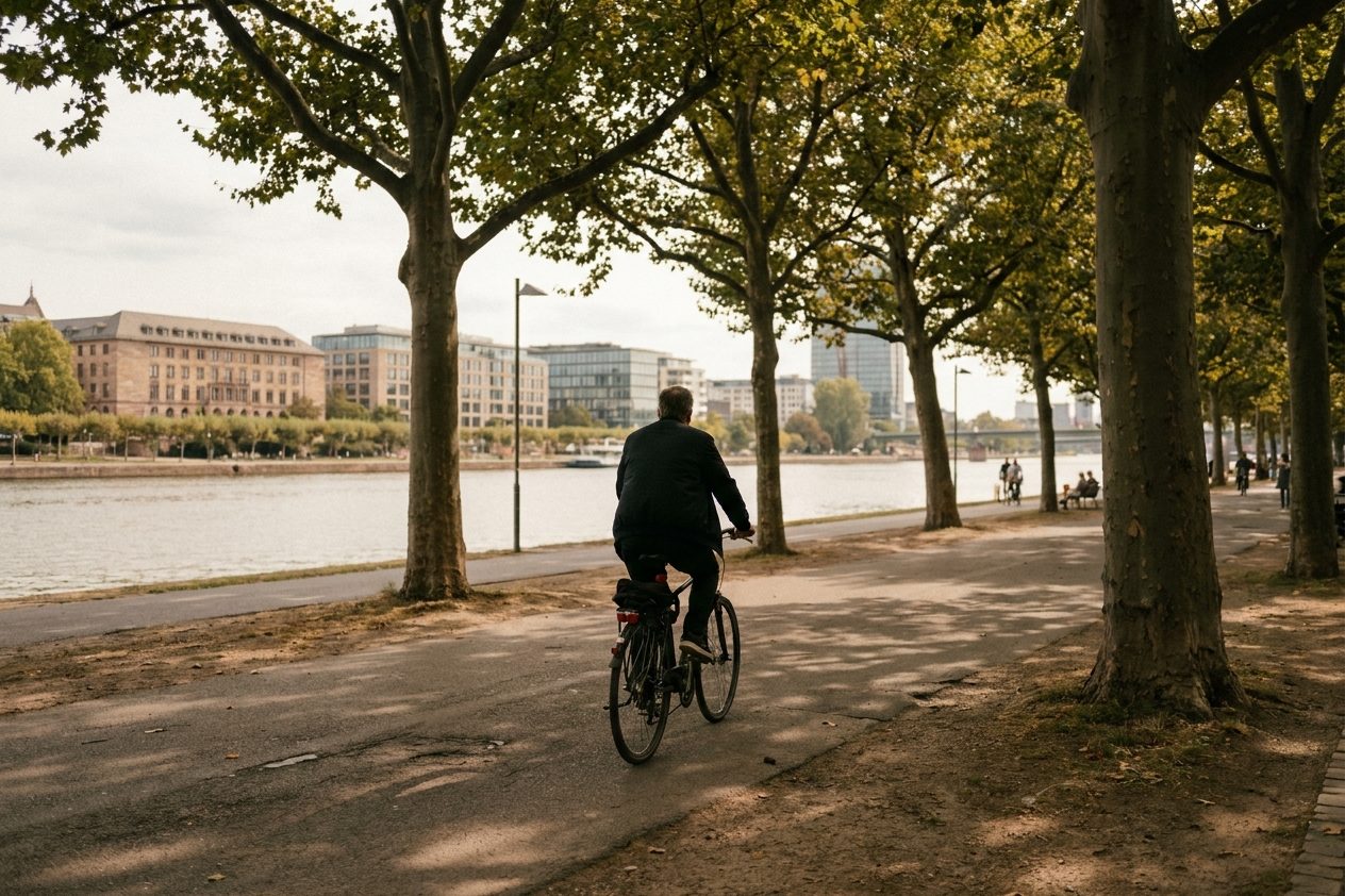 Radfahrer von hinten auf dem Mainuferweg unter Platanen, gesprenkeltes Sonnenlicht liegt auf dem Asphalt.