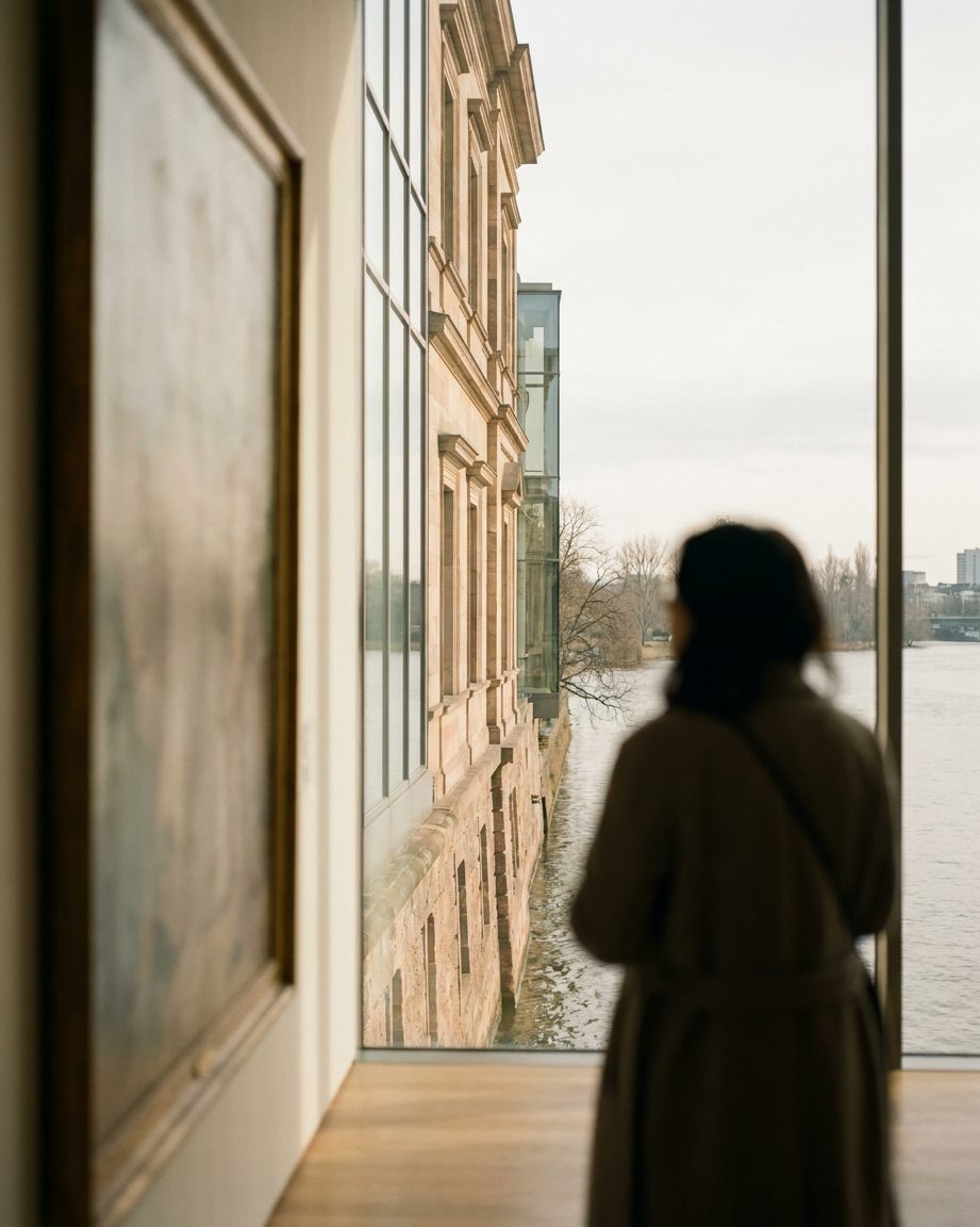 Eine Besucherin steht mit dem Rücken zur Kamera vor einem großformatigen Gemälde im Museum, der Bildinhalt verschwimmt.