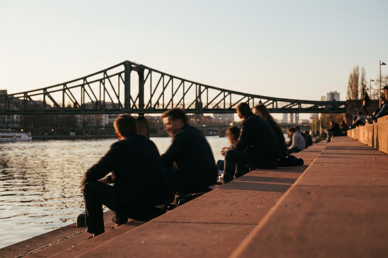 Menschen sitzen in der Abendsonne auf den Stufen am Mainufer, dahinter zeichnet sich der Eiserne Steg als Silhouette ab.