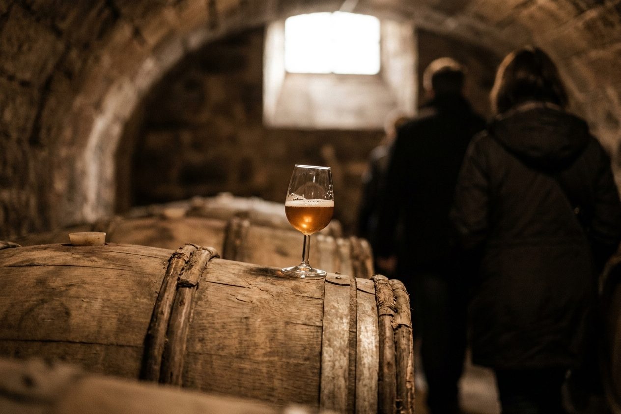 Ein Glas bernsteinfarbener Apfelwein steht auf einem Holzfass in einem dämmrigen Gewölbekeller, von einem warmen Lichtfleck beleuchtet.