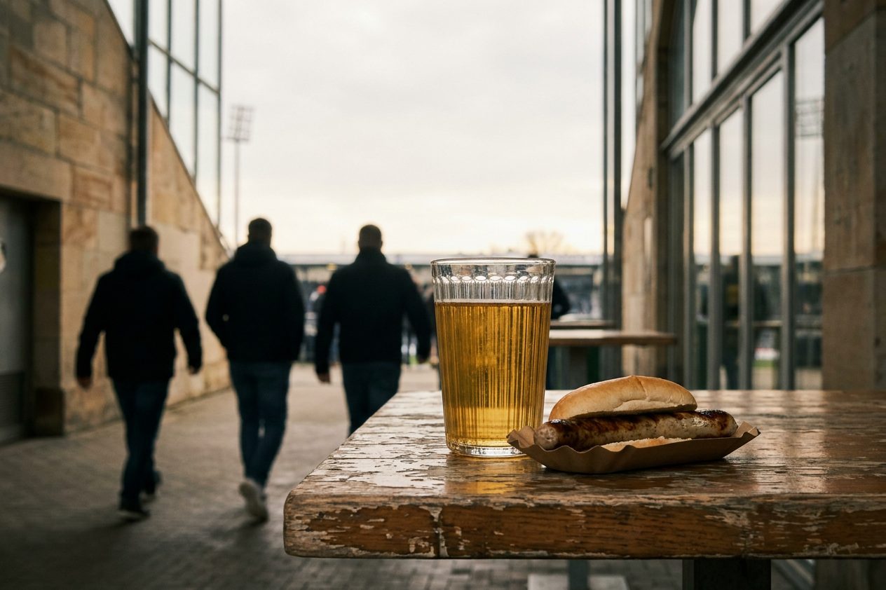 Nahaufnahme eines gefüllten Apfelweinglases und einer Bratwurst auf einem Stehtisch.