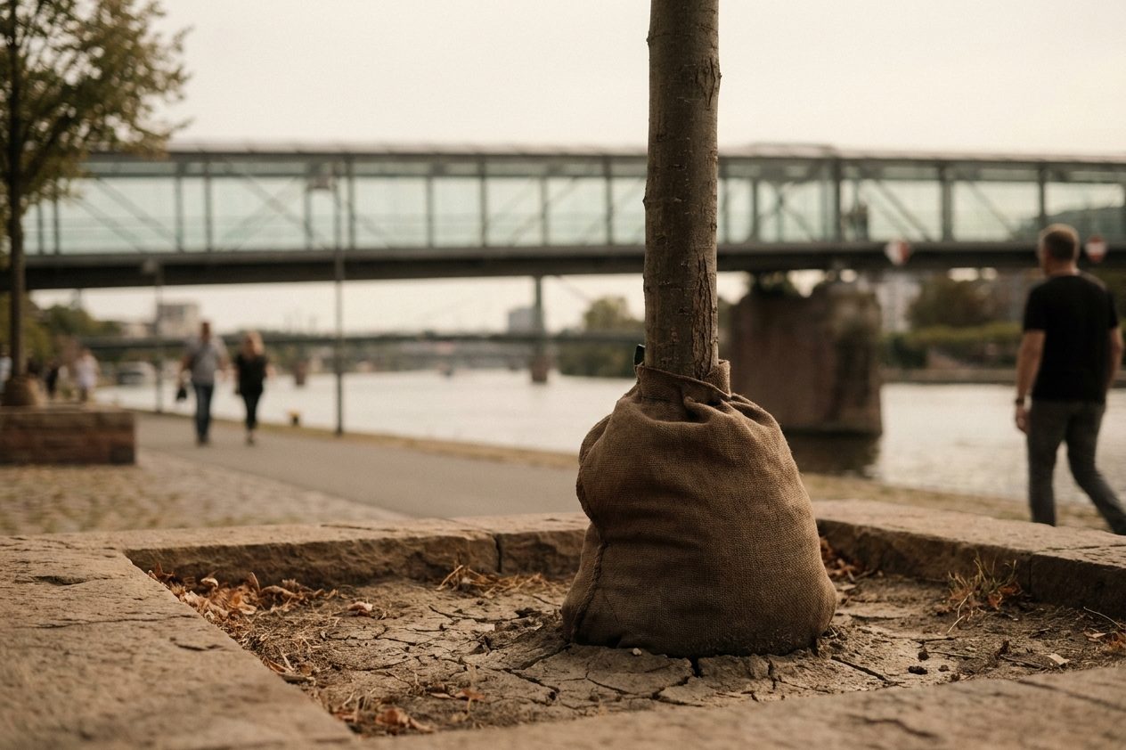 Nahaufnahme eines jungen Straßenbaums mit Bewässerungssack am Stamm und aufgerissenem Boden