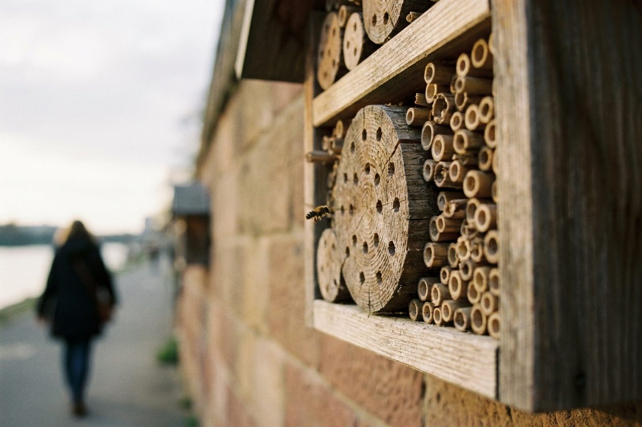 Nahaufnahme eines Insektenhotels aus Holz und hohlen Stängeln mit einer anfliegenden Wildbiene