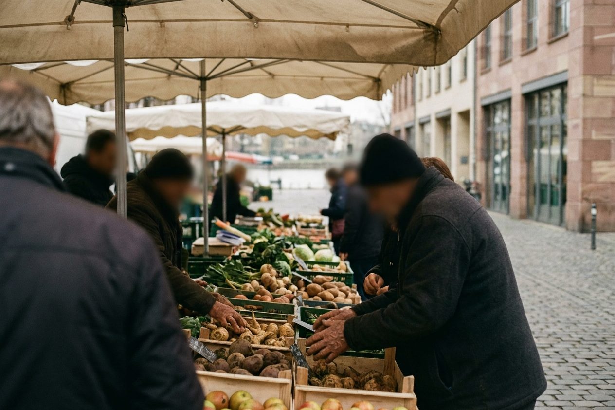 Gemüsestand auf dem Bornheimer Wochenmarkt, Hände wählen Ware aus, keine Gesichter erkennbar.