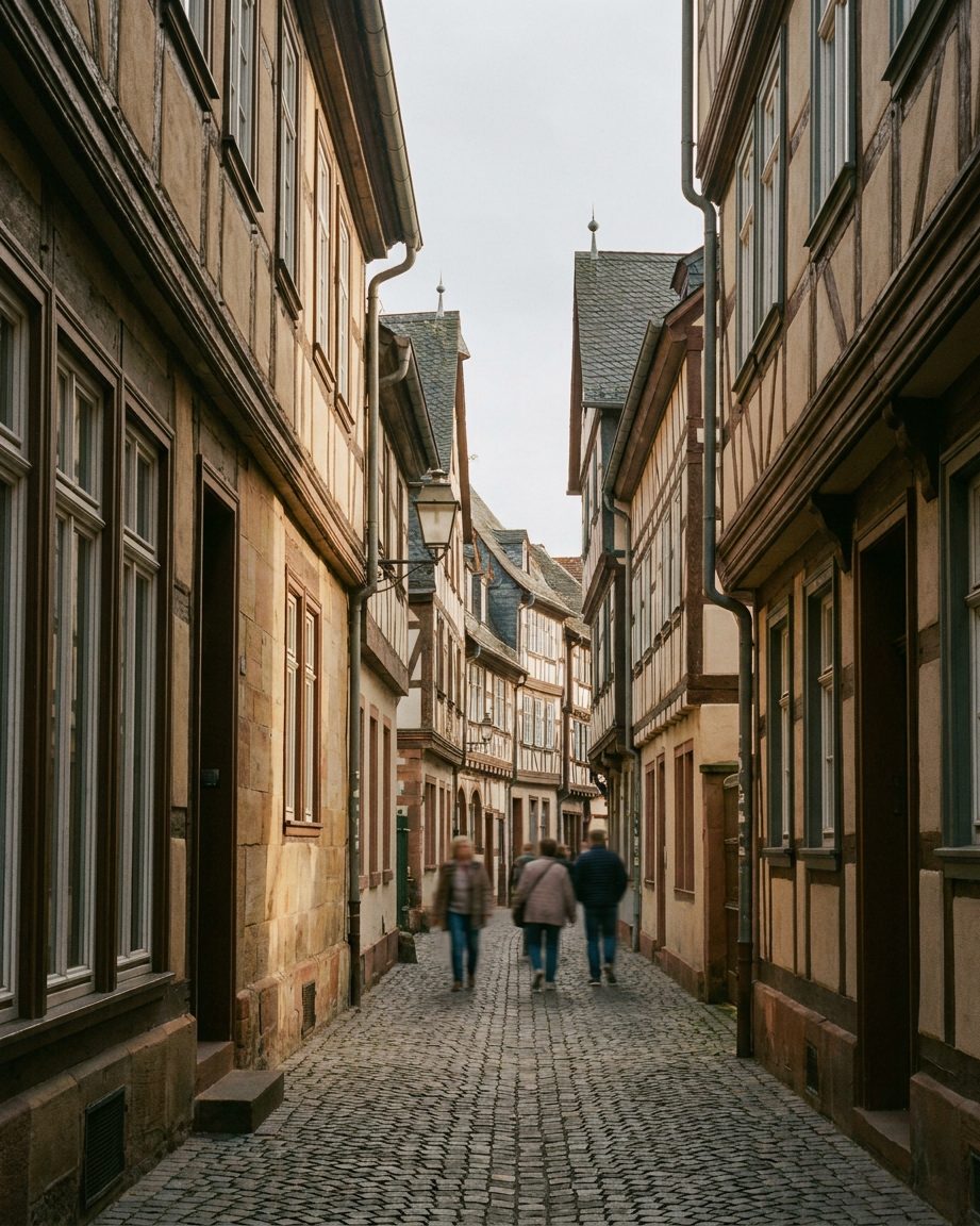 Enge Gasse in der Höchster Altstadt mit Fachwerkfassaden, Kopfsteinpflaster liegt im Schatten.