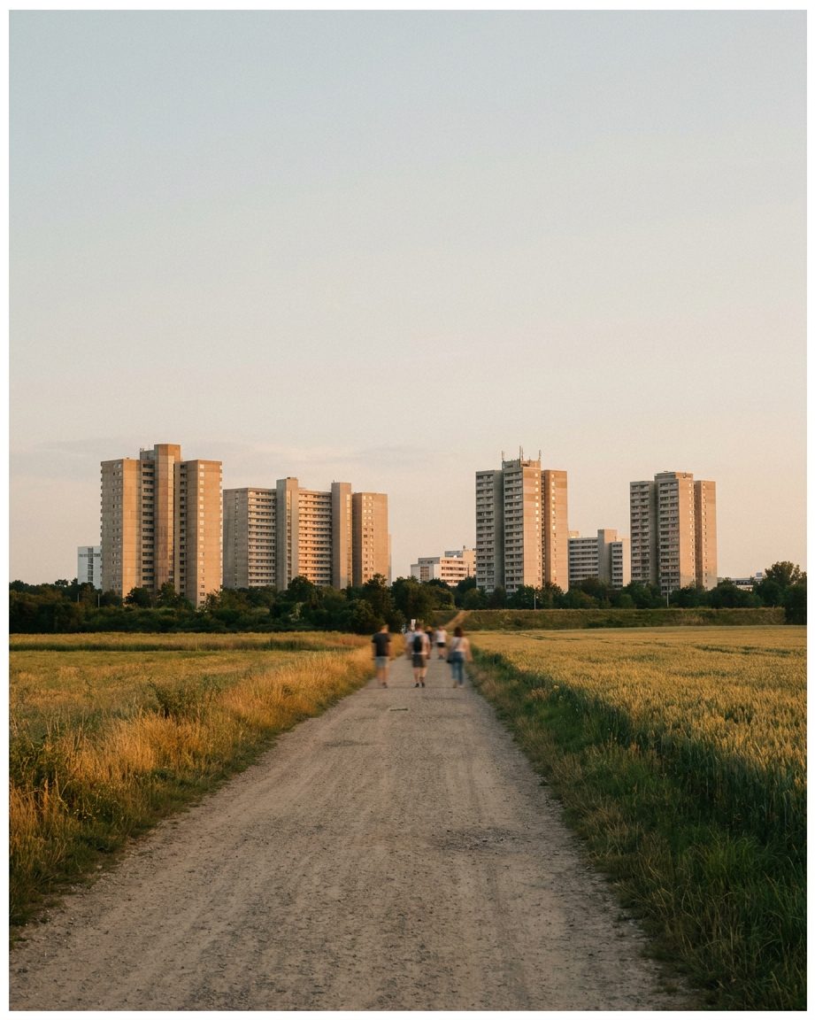 Ein Feldweg führt geradewegs auf die fernen Wohnhochhäuser der Nordweststadt zu, Abendlicht über den Äckern.