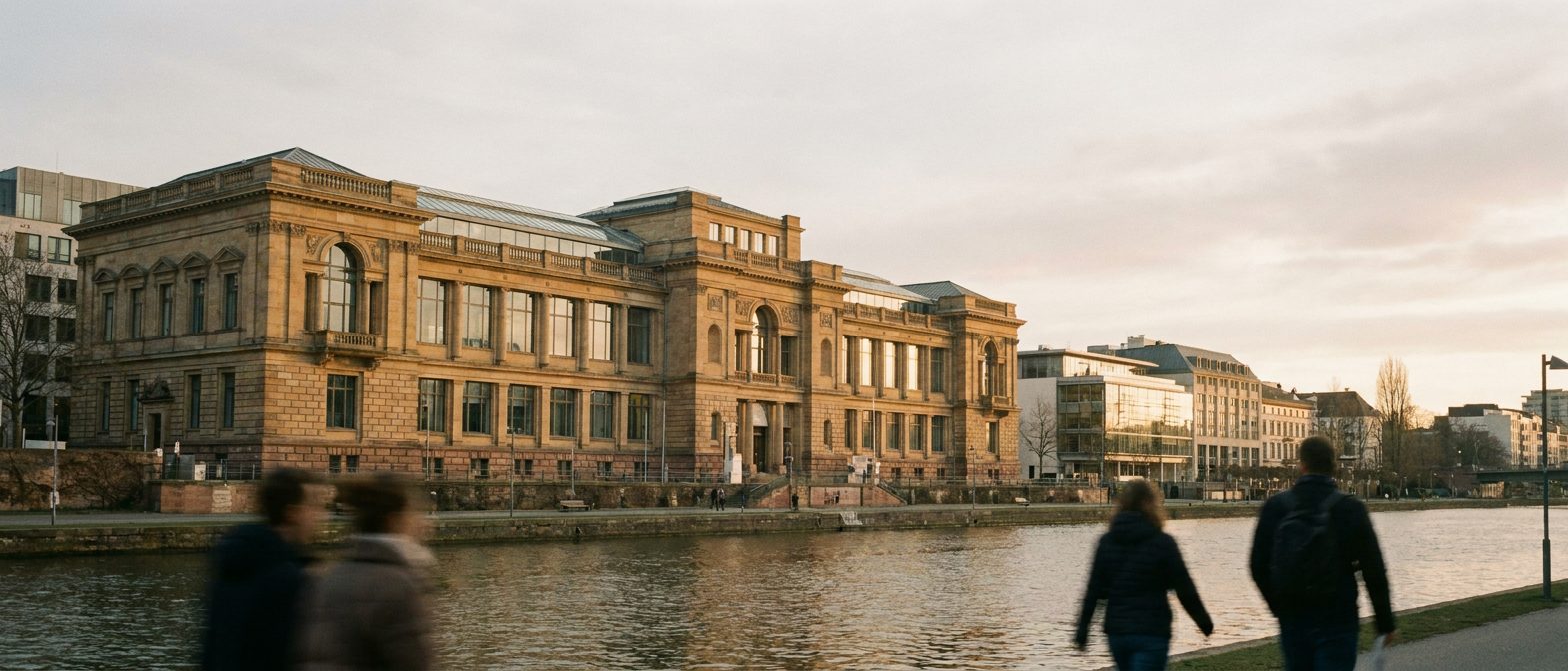 Weites Panorama der Sandsteinfassade des Städel Museums am Schaumainkai im warmen Nachmittagslicht.