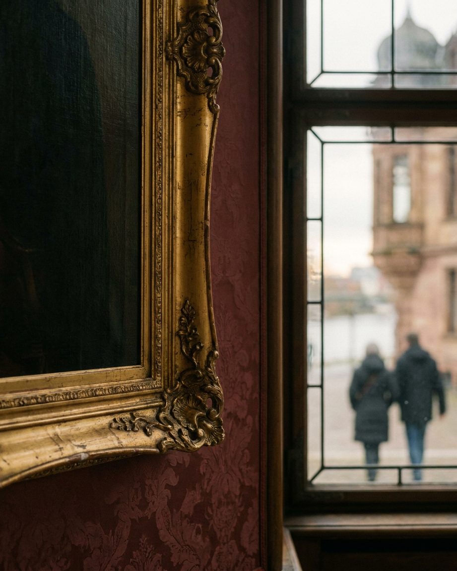 Detail eines vergoldeten Prunkrahmens im Streiflicht vor dunkelroter Wandbespannung.