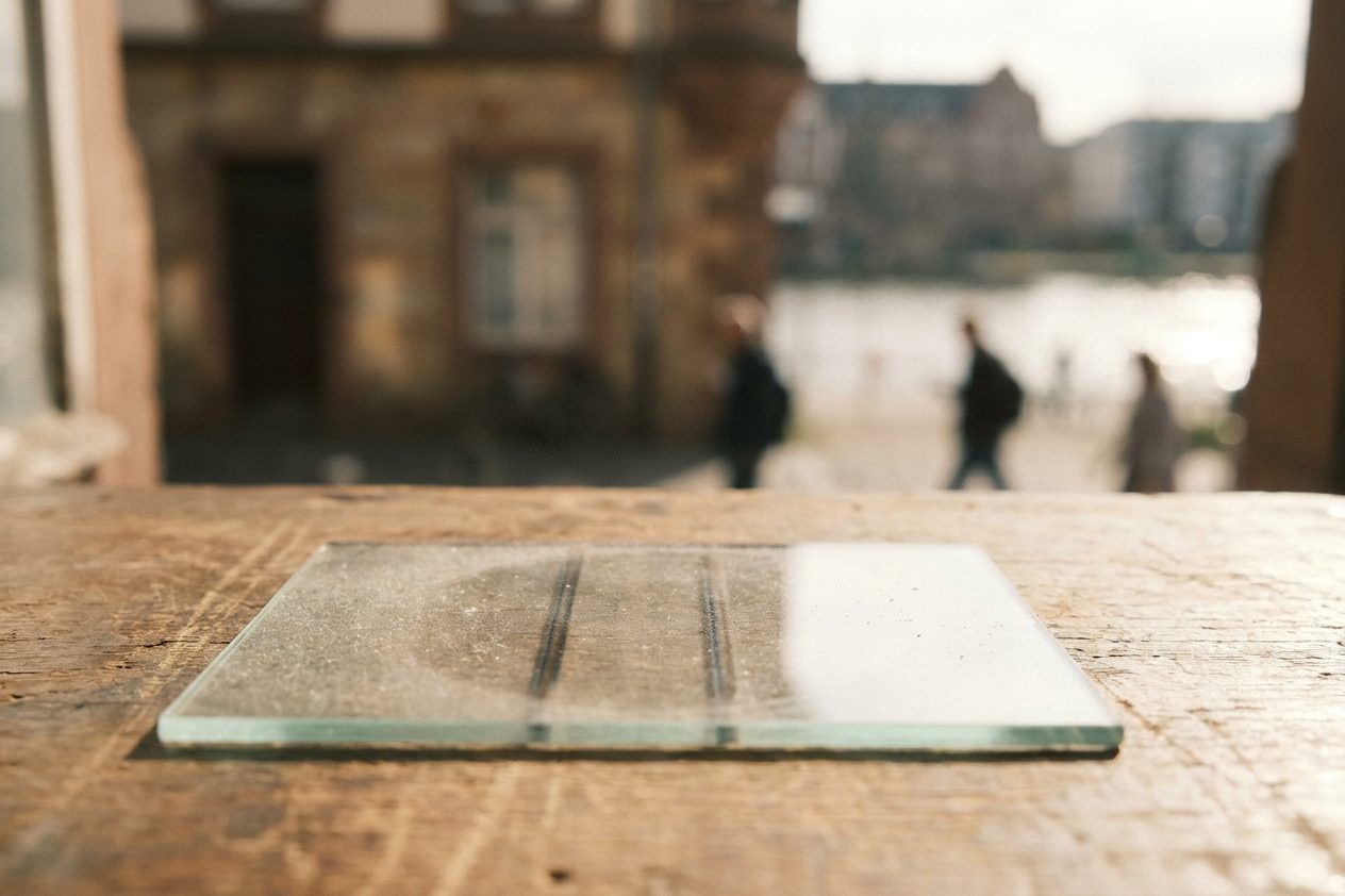 Detail einer Glasplatte mit einer dunklen doppelten Linie aus abgelagertem Metall unter Streiflicht