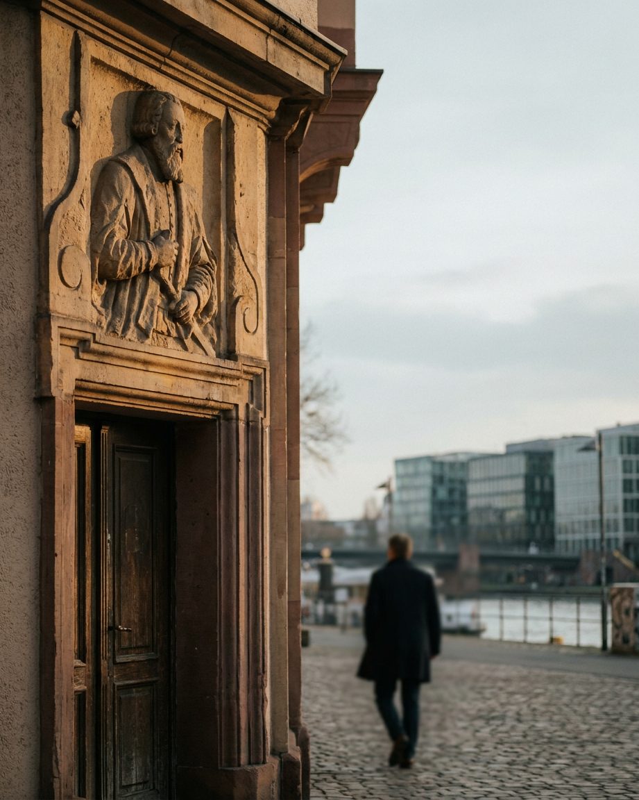 Steinerne Hausmarke mit Relief über einem alten Portal, im Streiflicht plastisch herausmodelliert.
