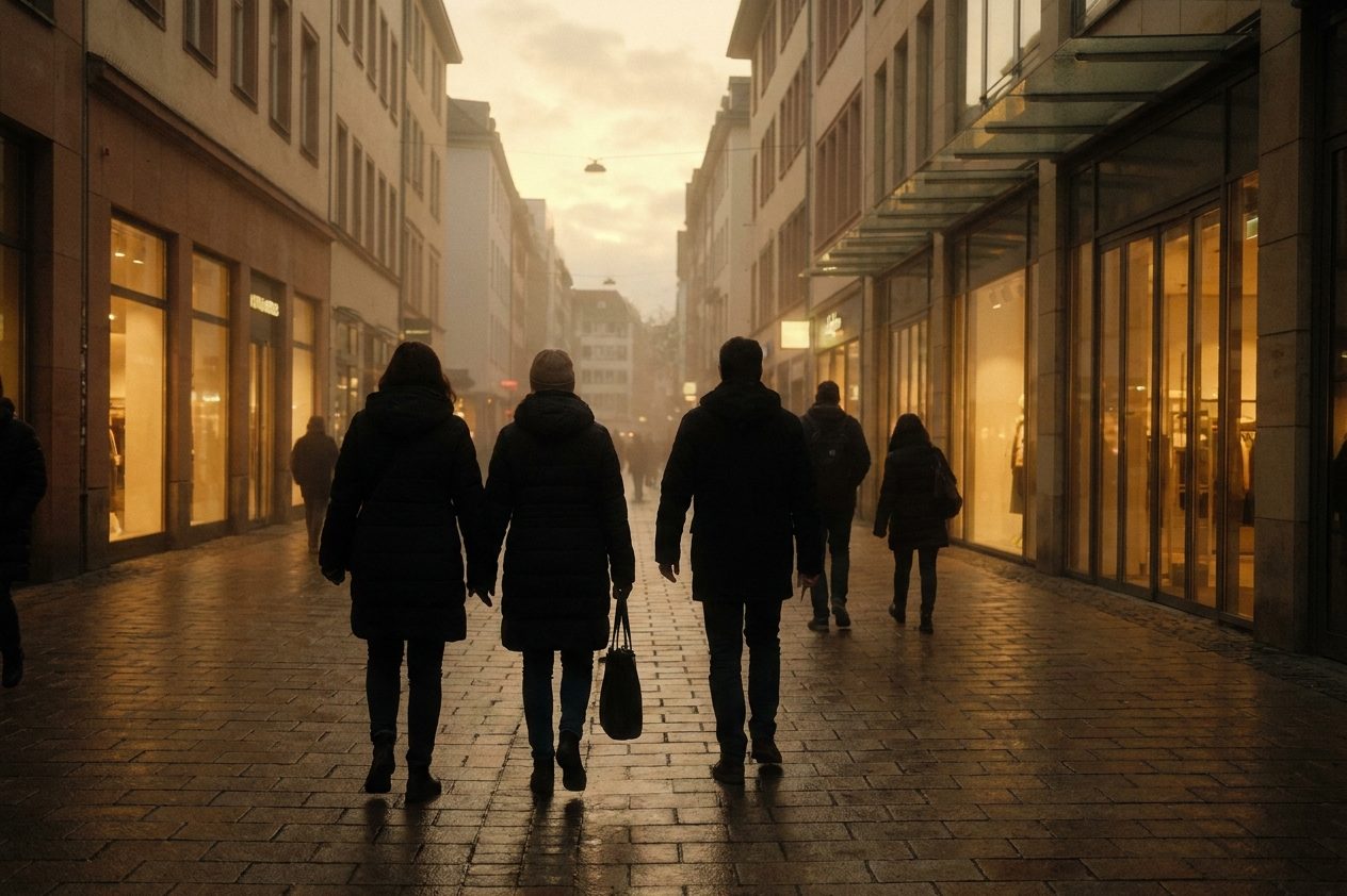 Abendstimmung auf der Fressgass, Menschen als Silhouetten vor warm erleuchteten Ladenfronten.