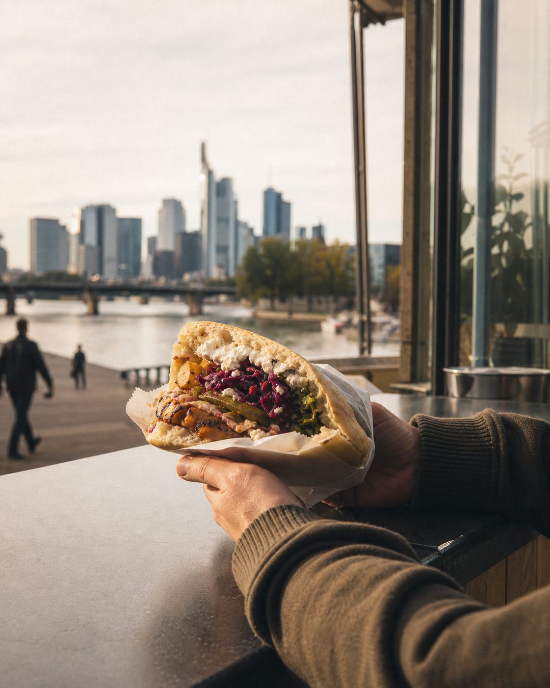Zwei Hände halten an einer Stehtheke ein prall gefülltes, aufgerolltes Fladenbrot, im Hintergrund unscharf der Gastraum.