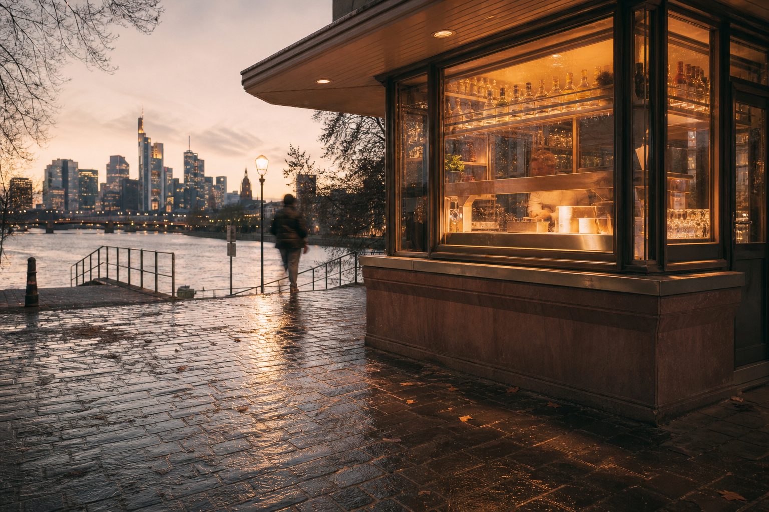 Ein hell erleuchtetes Kioskfenster in der blauen Stunde, davor spiegelt sich das warme Licht auf nassem Pflaster.