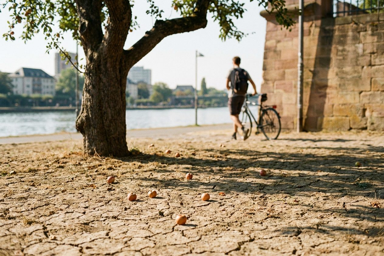 Rissige, trockene Erde unter einem Apfelbaum, daneben liegt vereinzeltes Fallobst im harten Mittagslicht.