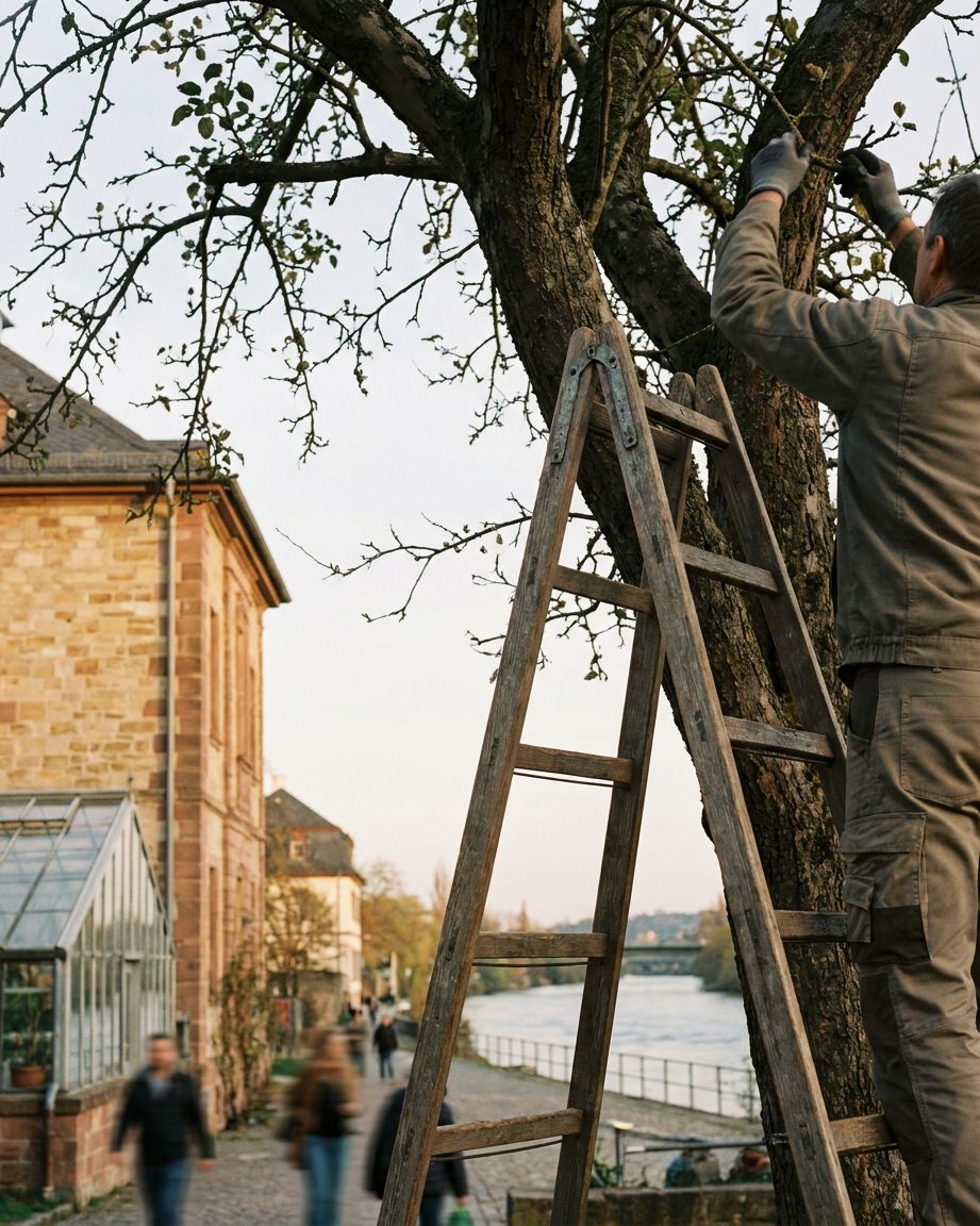 Eine Holzleiter lehnt an einem alten Hochstamm, eine Person in Arbeitskleidung greift von der Leiter ins Geäst.